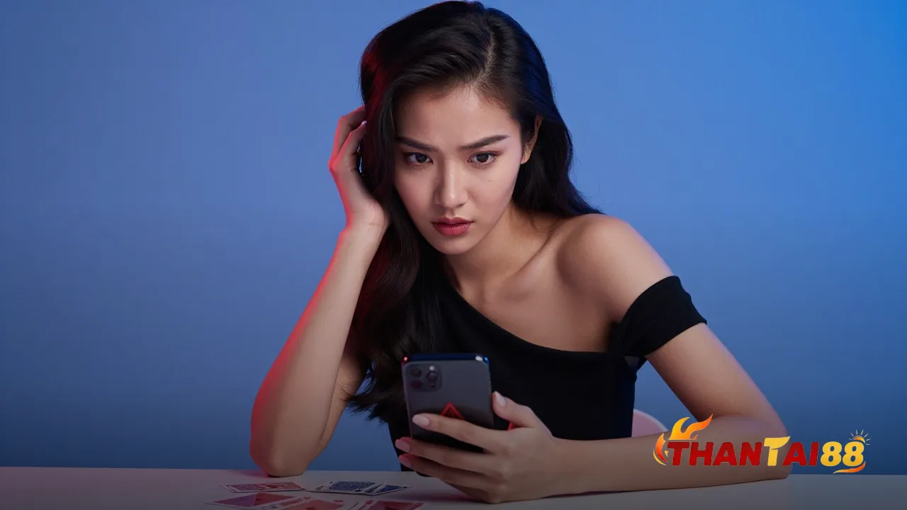 Điện thoại hiển thị biểu tượng cảnh báo lừa đảo cạnh bộ bài