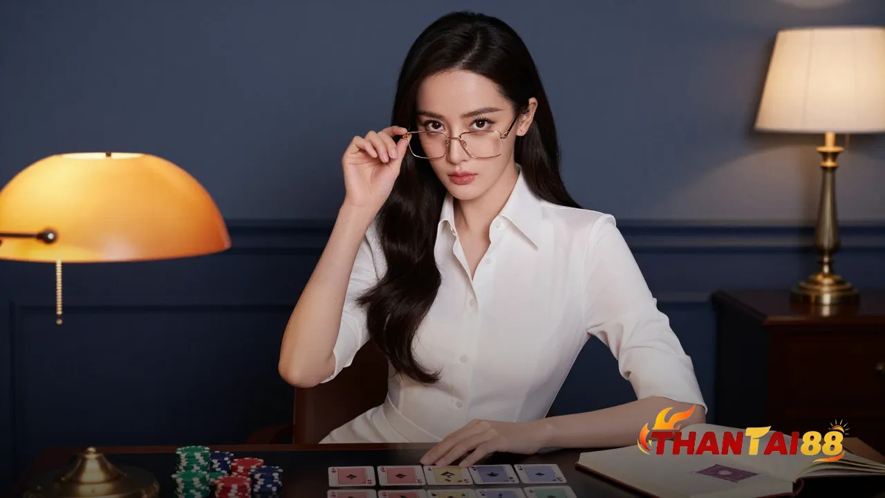 Bộ bài tây, phỉnh và sổ ghi chép trên bàn